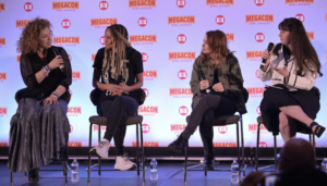 Lovitt (far right) on a panel with sci-fi actresses (from left) Alexa Kingston, Michelle Hurd and Felicia Day. Photo credit: FanExpo.